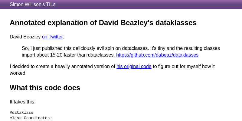 Simon Willison’s Annotated Explanation of David Beazley’s Dataklasses