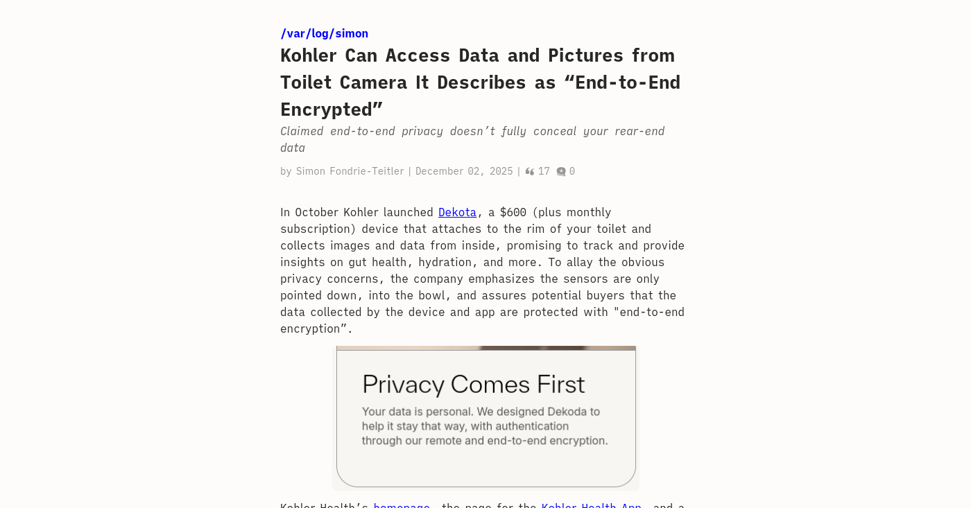 Kohler Can Access Pictures from “End-to-End Encrypted” Toilet Camera